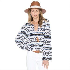 MISA LOS ANGELES Althea boho long sleeve knit top in Blue Zig Zag pattern